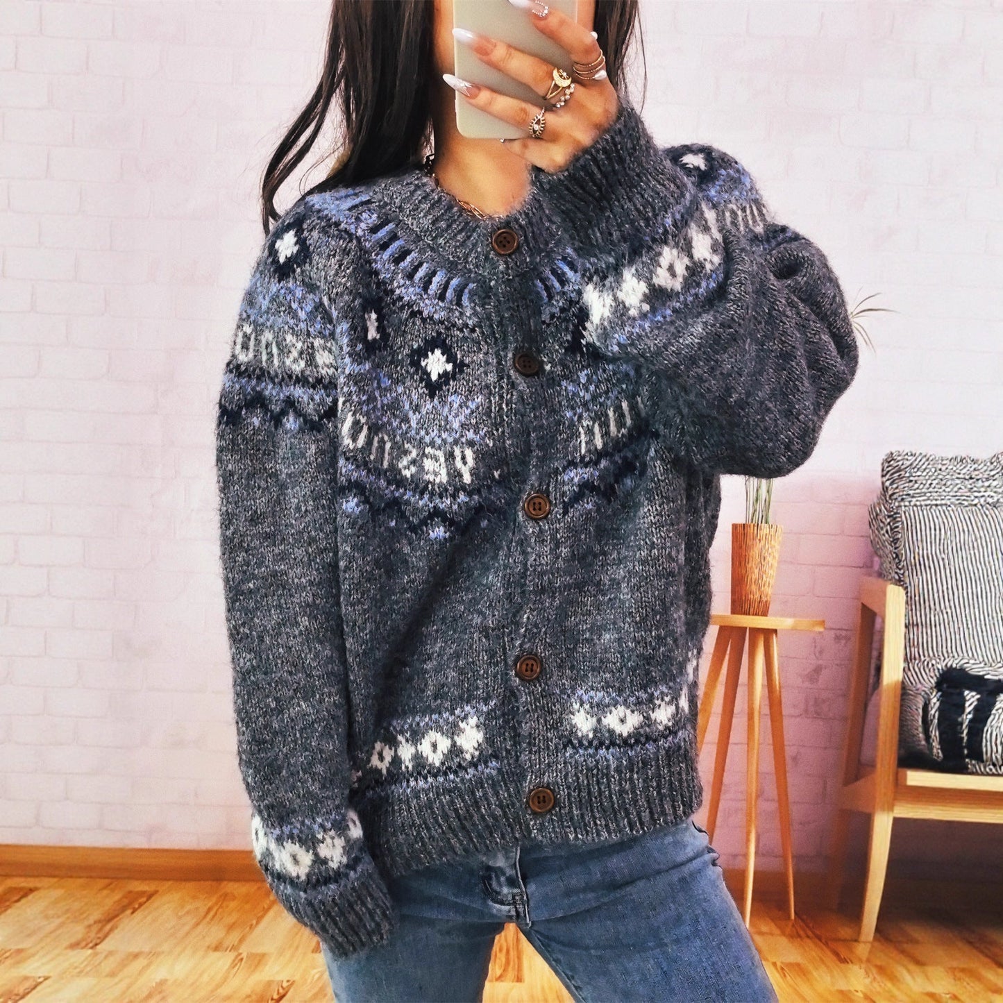 Damen Strickjacke Kuschelig Traditionelle Muster Knopfverschluss