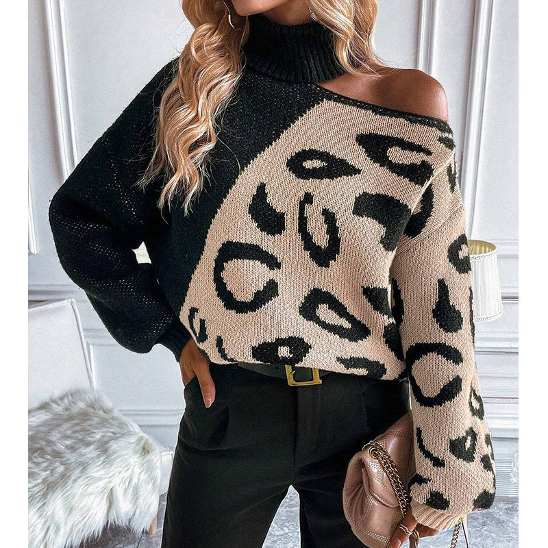 Damen Strickpullover Leopardenmuster Stehkragen Eveloria