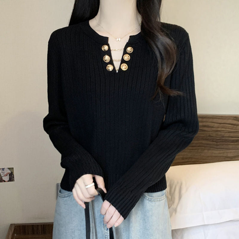 Damen Rippstrickpullover Dekorative Knöpfe Eveloria