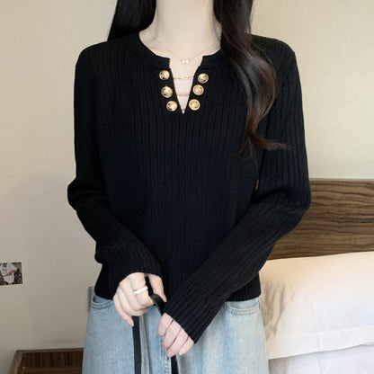 Damen Rippstrickpullover Dekorative Knöpfe Eveloria
