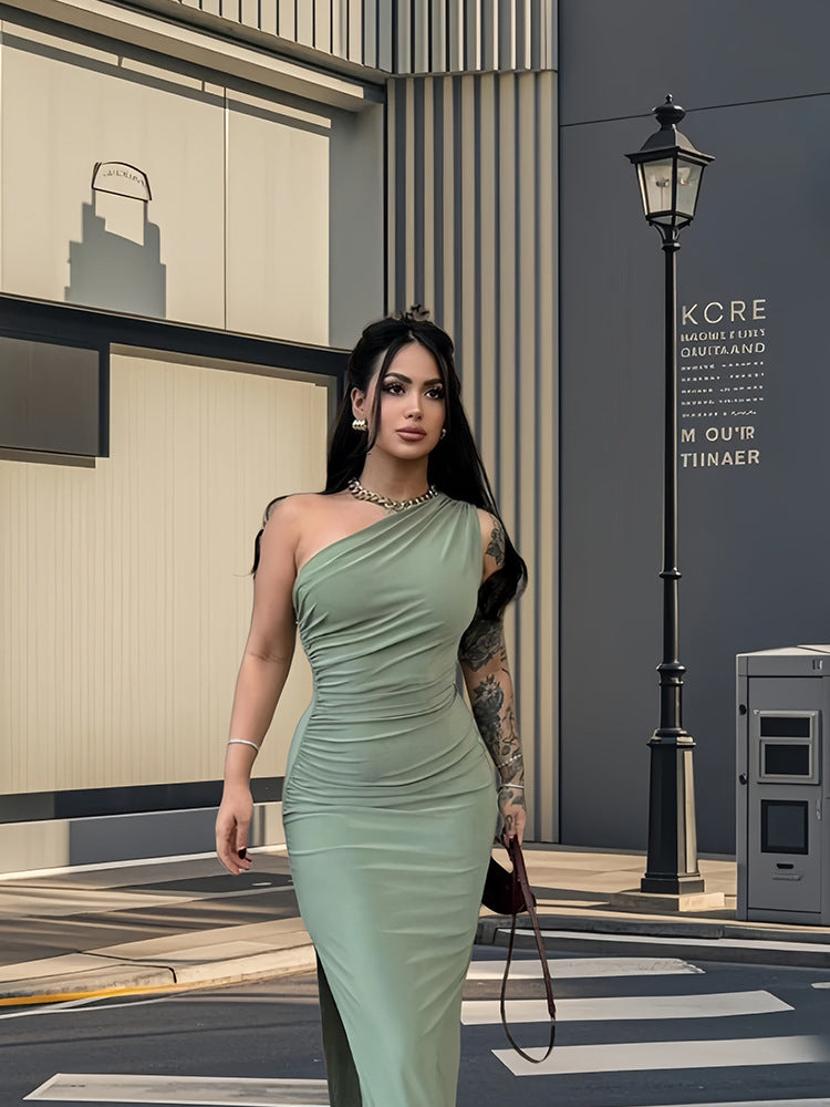 Damen Maxikleid Elegantes One-Shoulder-Design Figurbetont