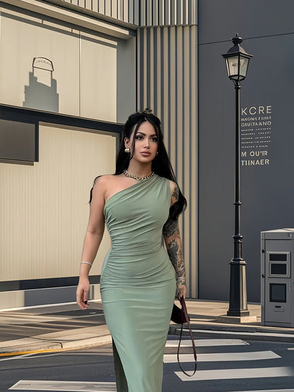 Damen Maxikleid Elegantes One-Shoulder-Design Figurbetont