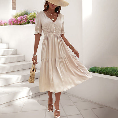 Damen Midi-Kleid Knopfdetail Voluminöse Ärmel Eveloria