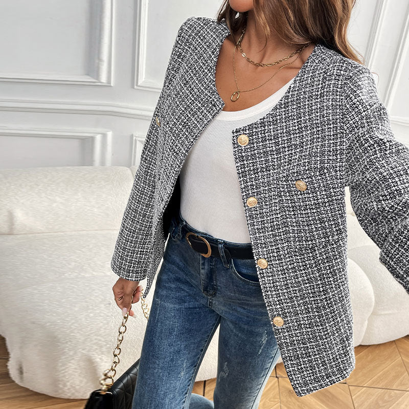 Damen Bouclé-Jacke Elegant Goldknöpfe Beige