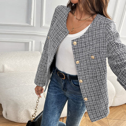 Damen Bouclé-Jacke Elegant Goldknöpfe Beige