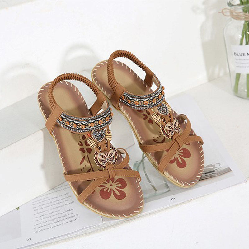 Damen Sandalen Boho Stil Elastikriemen Beige