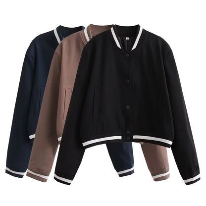 Damen Bomberjacke Kontraststrickbund Praktische Taschen