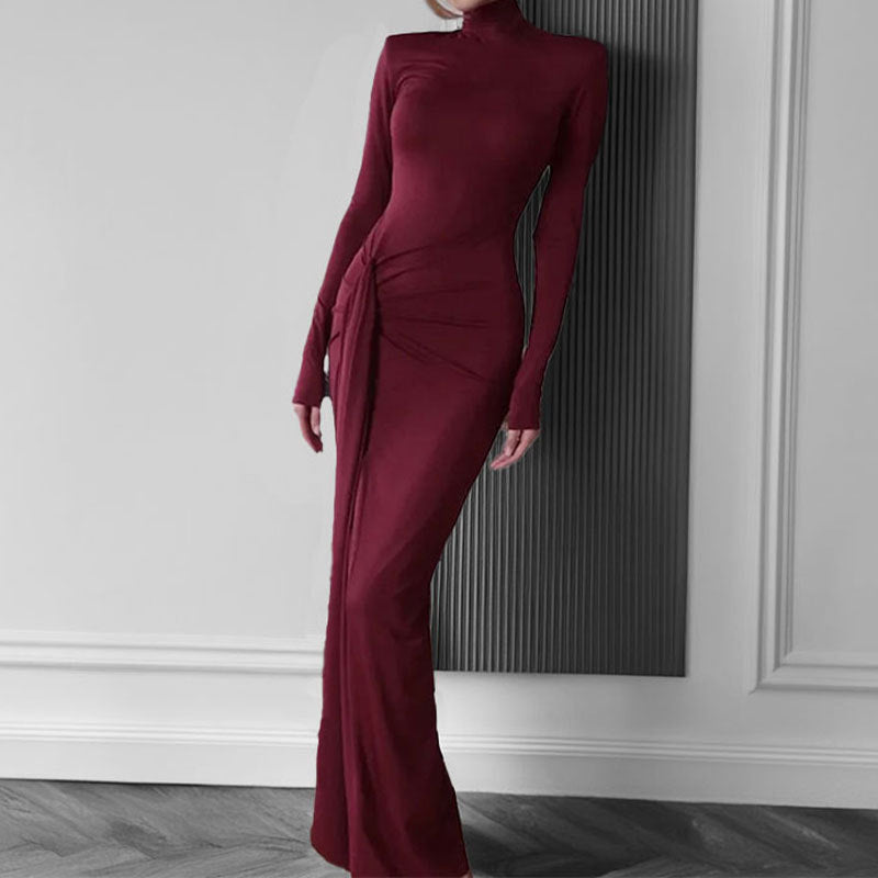Damen Maxikleid Hohem Stehkragen Asymmetrisch Eveloria