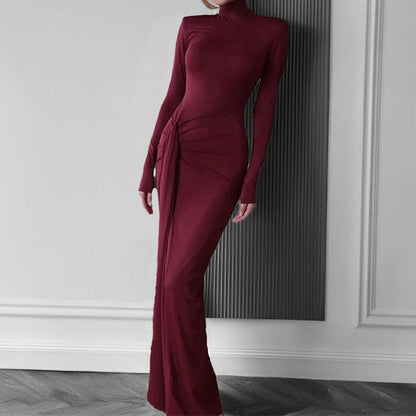 Damen Maxikleid Hohem Stehkragen Asymmetrisch Eveloria