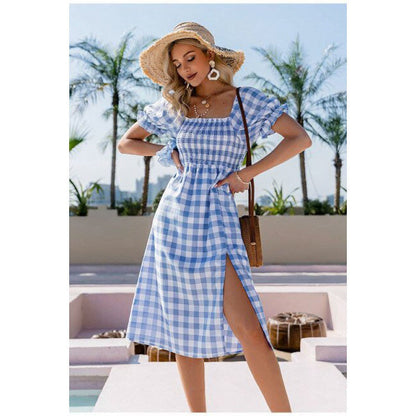 Damen Midikleid Karomuster Seitenschlitz Eveloria