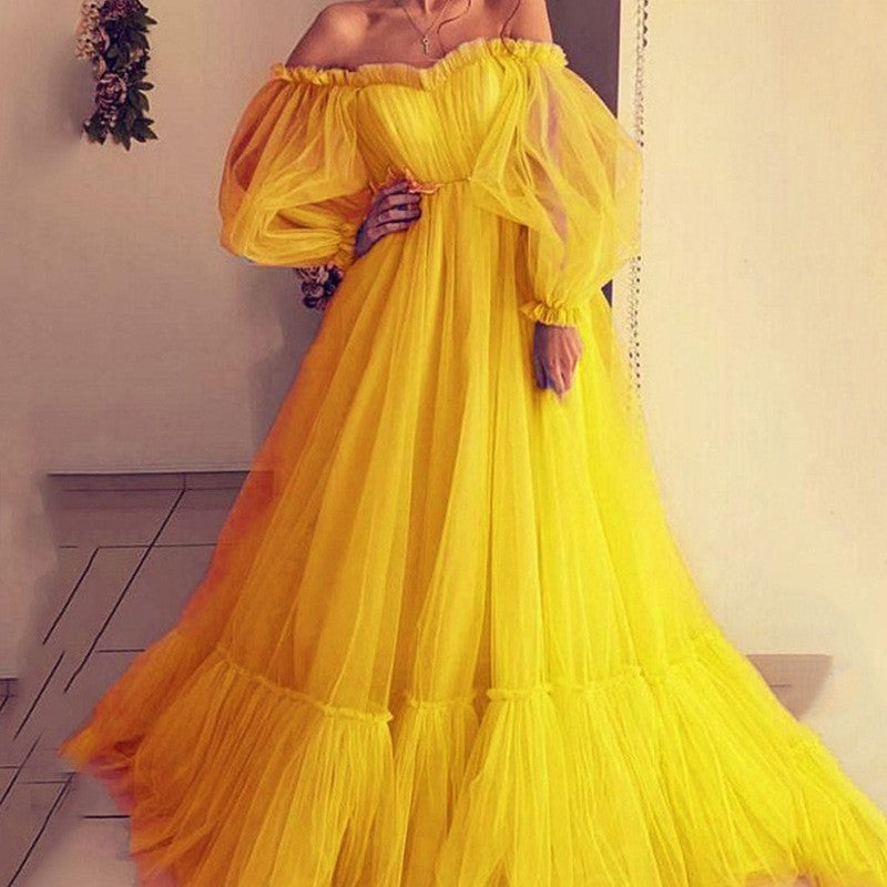 Damen Abendkleid Tüll Schulterfrei Voluminöse Ärmel Eveloria