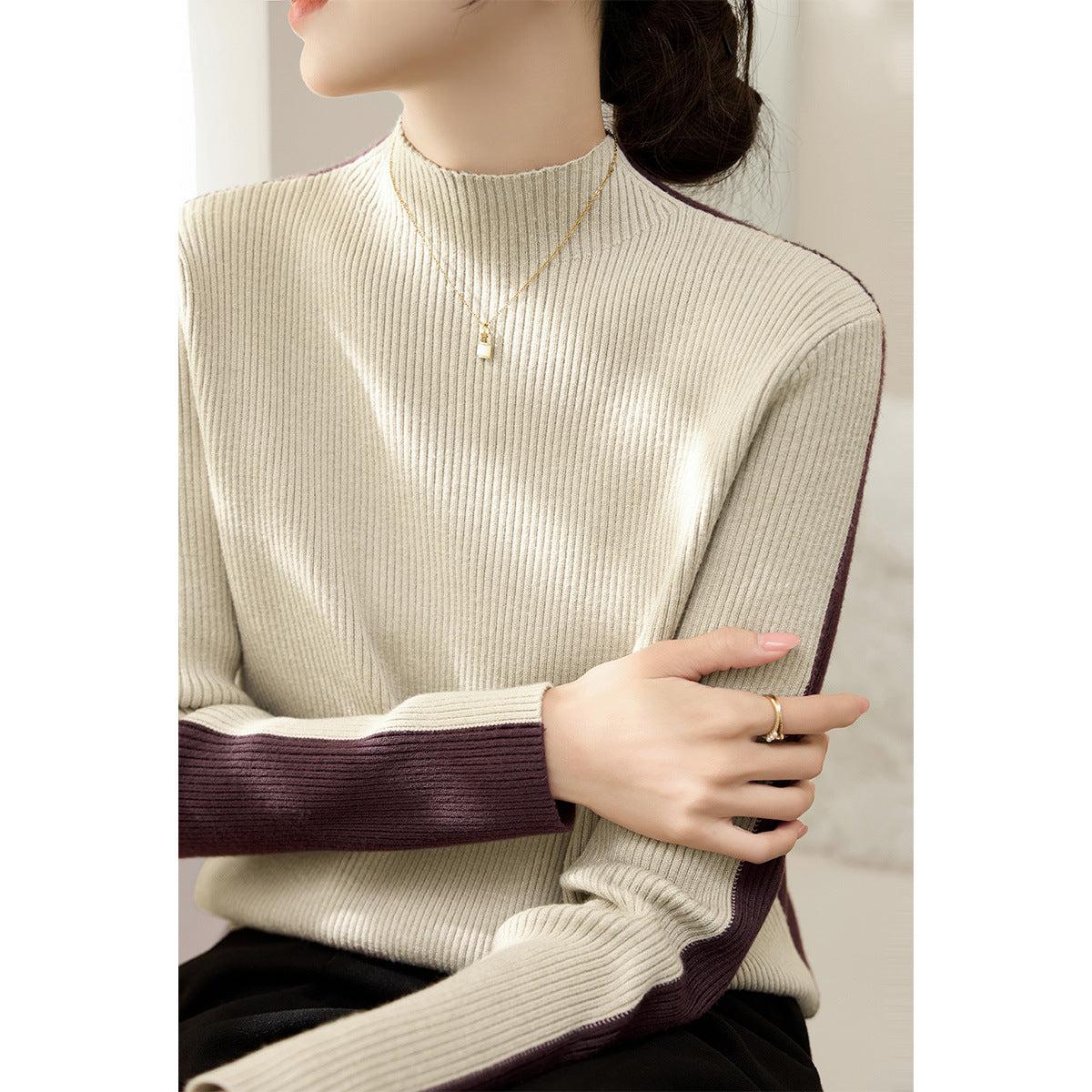 Damen Rollkragenpullover Strukturiertes Rippdesign Kontrastärmel Grau - Eveloria