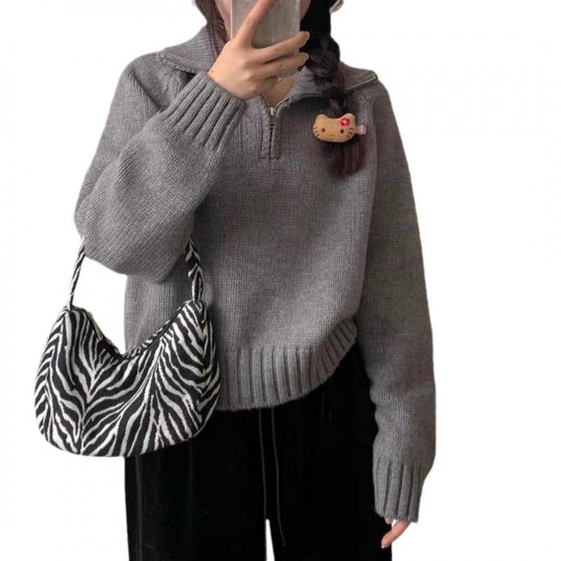 Damen Strickpullover Hochgeschlossen Reißverschluss Eveloria