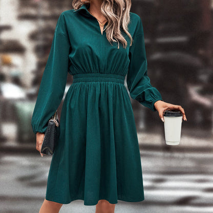 Damen Midi-Kleid Taillengummi Puffärmel Eveloria