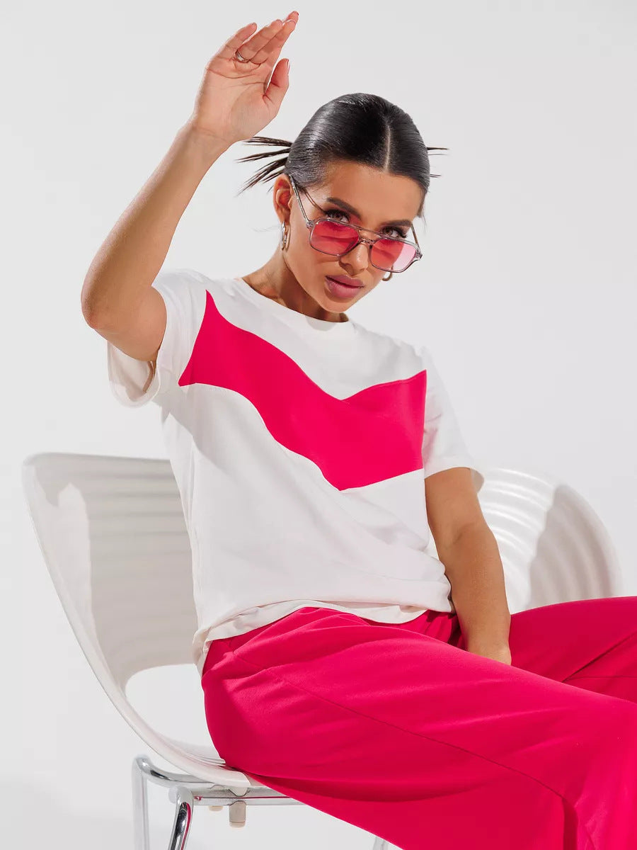 Damen T-Shirt Leichtes Oversized Farbblockdesign Weiß