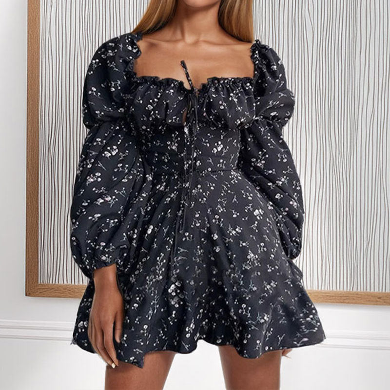Damen Minikleid Voluminöse Puffärmel Bindedetail - Eveloria