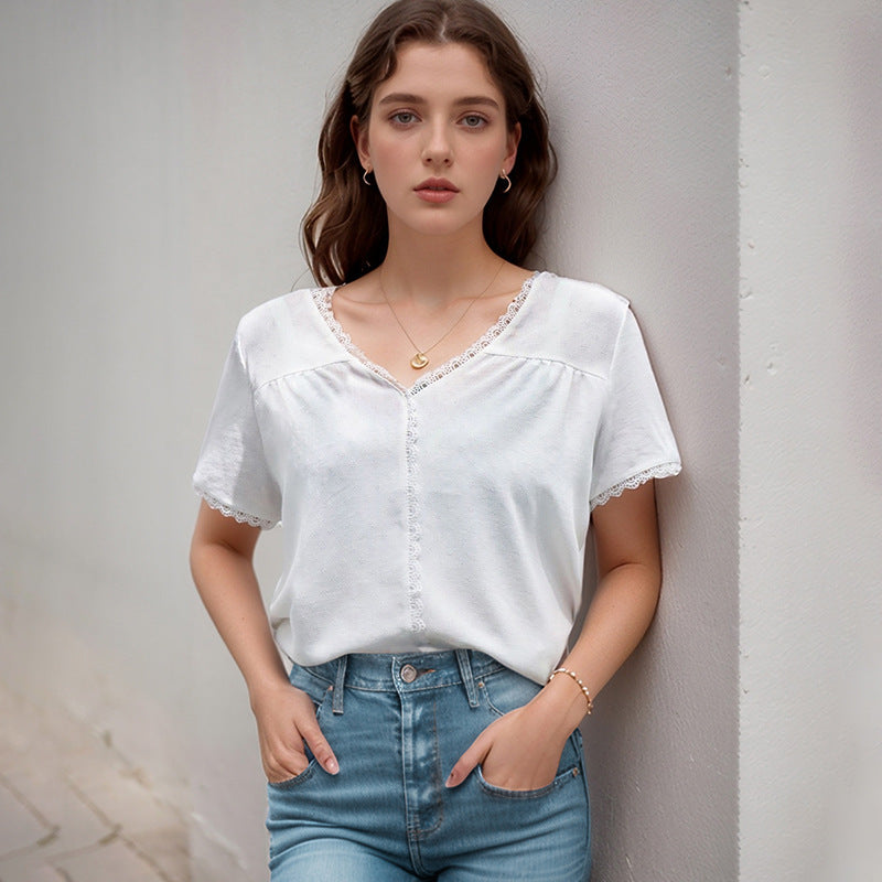 Damen Blusenshirt Luftig Spitze V-Ausschnitt Weiß