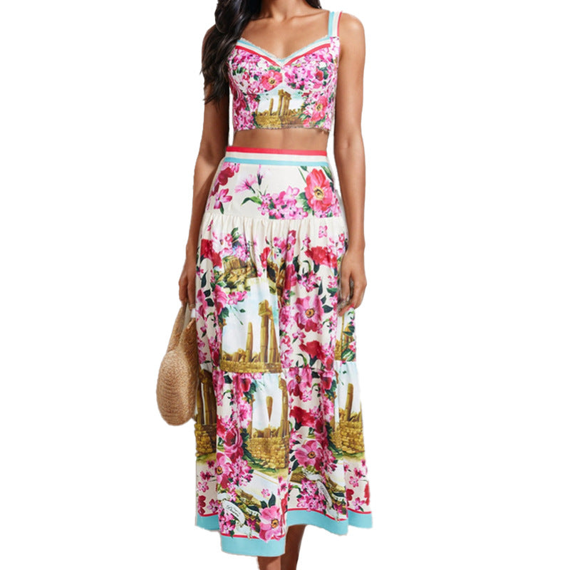 Damen Zweiteiler Romantisch Cropped-Oberteil Schwingender Rock