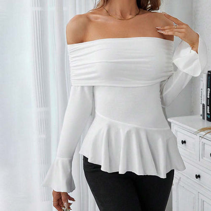 Damen Oberteil Off-Shoulder mit Volant und langen Ärmeln