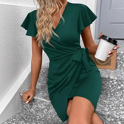 Damen Wickelkleid Rüschenärmel Eveloria