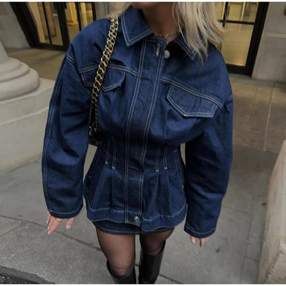 Damen Jeansjacke Weite Ärmel Taillierte Form Schwarz Eveloria - Eveloria