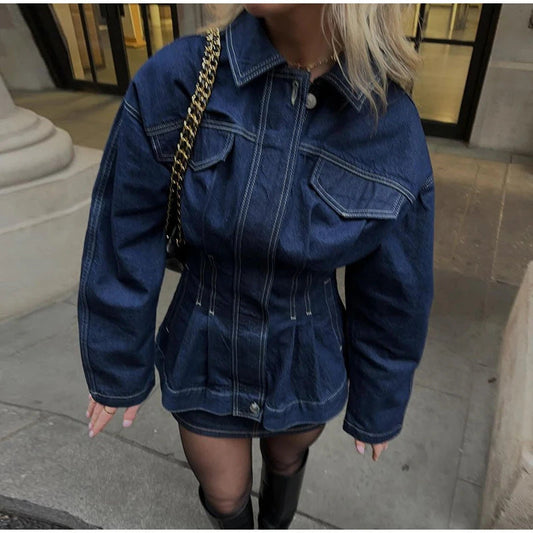 Damen Jeansjacke Weite Ärmel Taillierte Form Schwarz Eveloria - Eveloria