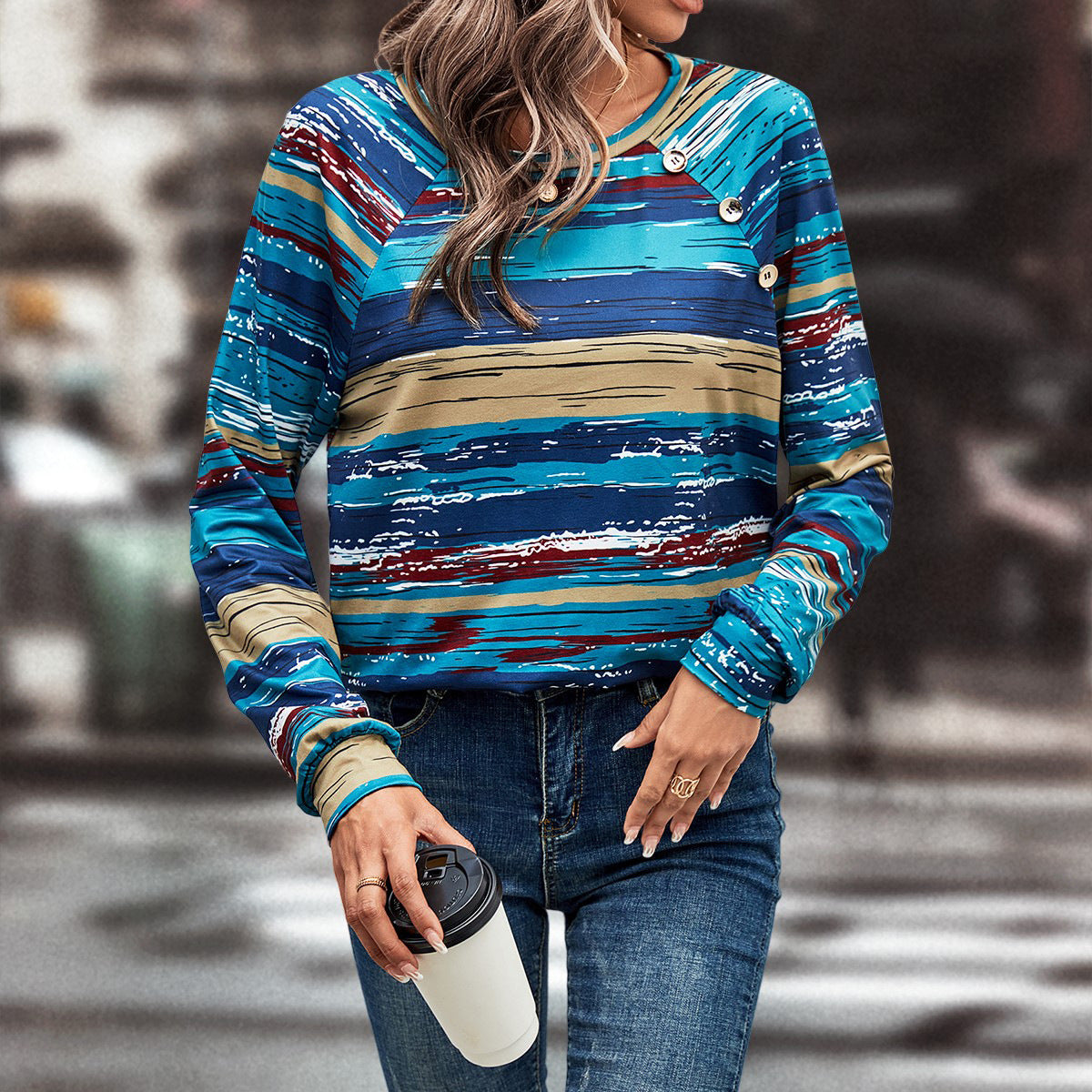Damen Langarm-Pullover Gemustert Mit Knopfdetails Grau - Eveloria