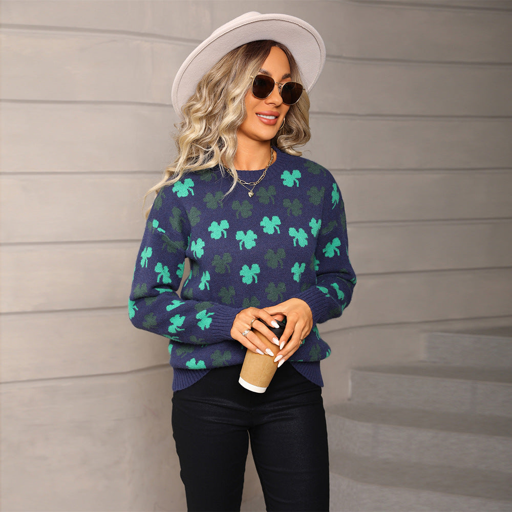 Damen Strickpullover Kleeblatt-Muster Weich Eveloria