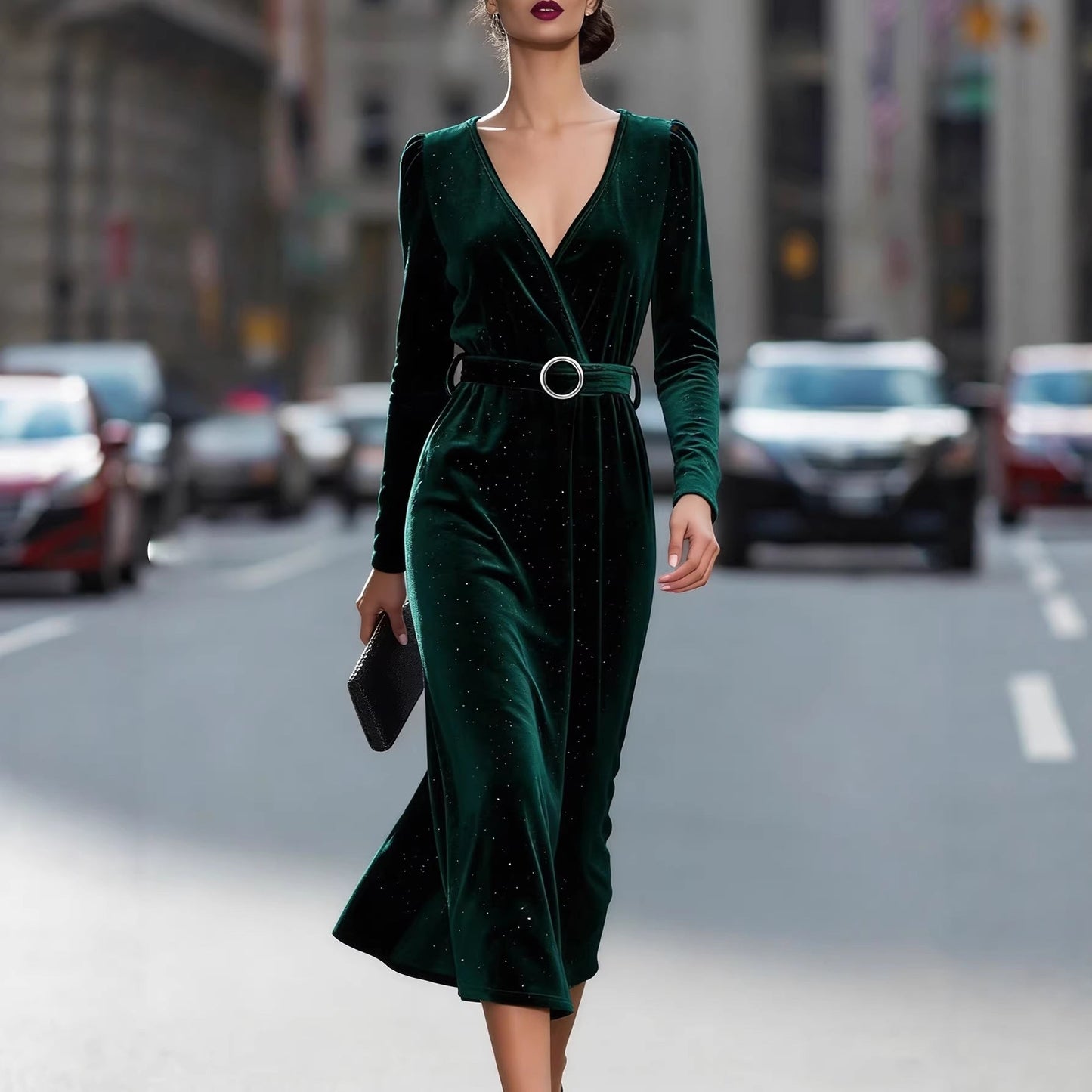 Damen Midikleid Samt Optik Funkelnde Akzente Elegante Taillierung - Eveloria