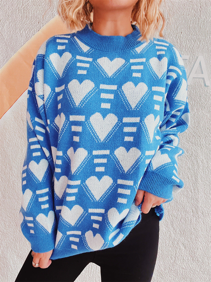 Damen Oversized-Pullover Herz-Muster Kuschel-Fleece Grau