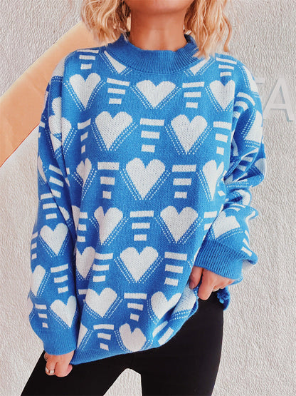 Damen Oversized-Pullover Herz-Muster Kuschel-Fleece Grau