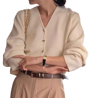 Damen Strickjacke V-Ausschnitt Elegante Knöpfe Beige