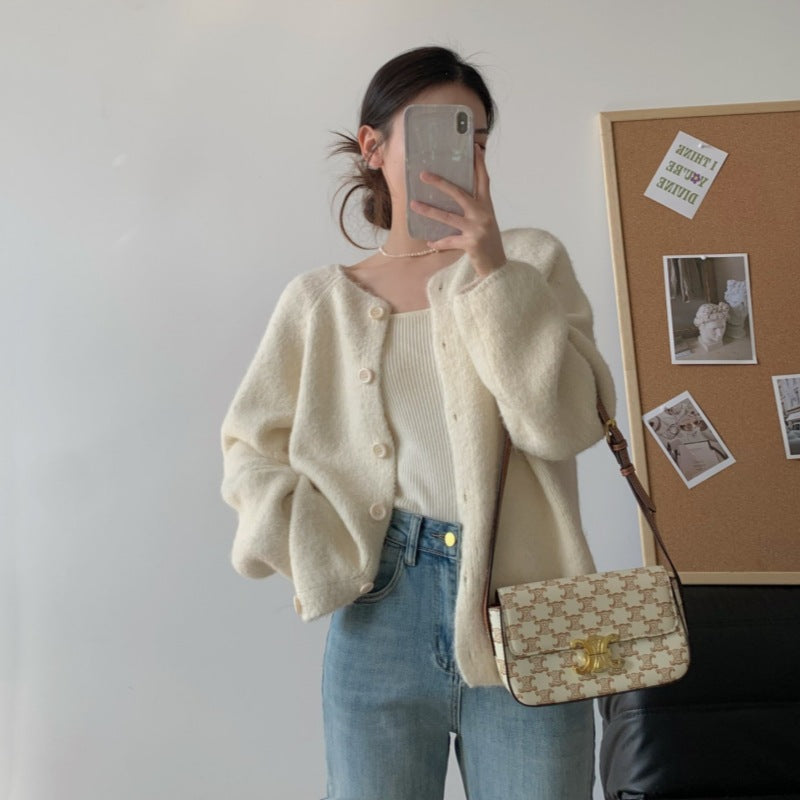 Damen Cardigan Weit Gemütlich mit Knöpfen Beige