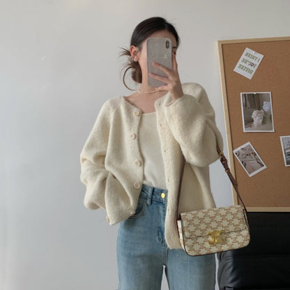 Damen Cardigan Weit Gemütlich mit Knöpfen Beige