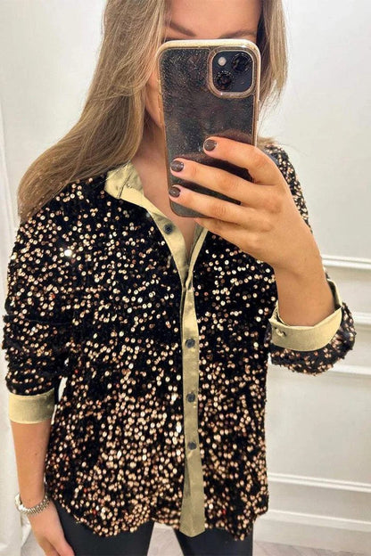 Damen Paillettenbluse Klassischer Kragen Glitzer Effekt