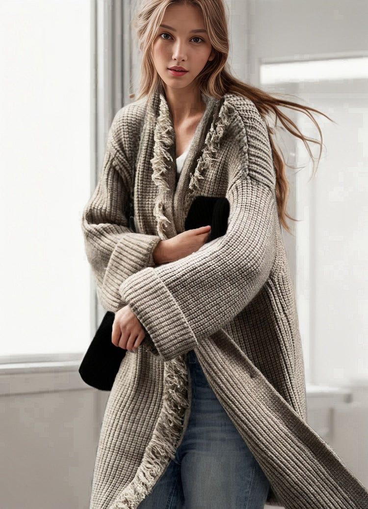 Damen Grobstrick Cardigan mit Fransen und Knöpfen Beige