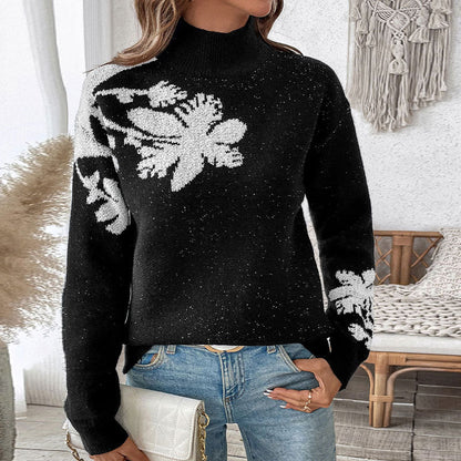 Damen Strickpullover Floral Design Hoher Kragen Eveloria - Eveloria