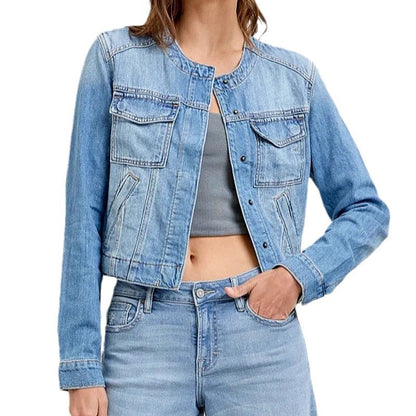 Damen Jeansjacke Cropped Schnitt Praktische Taschen Blau Eveloria