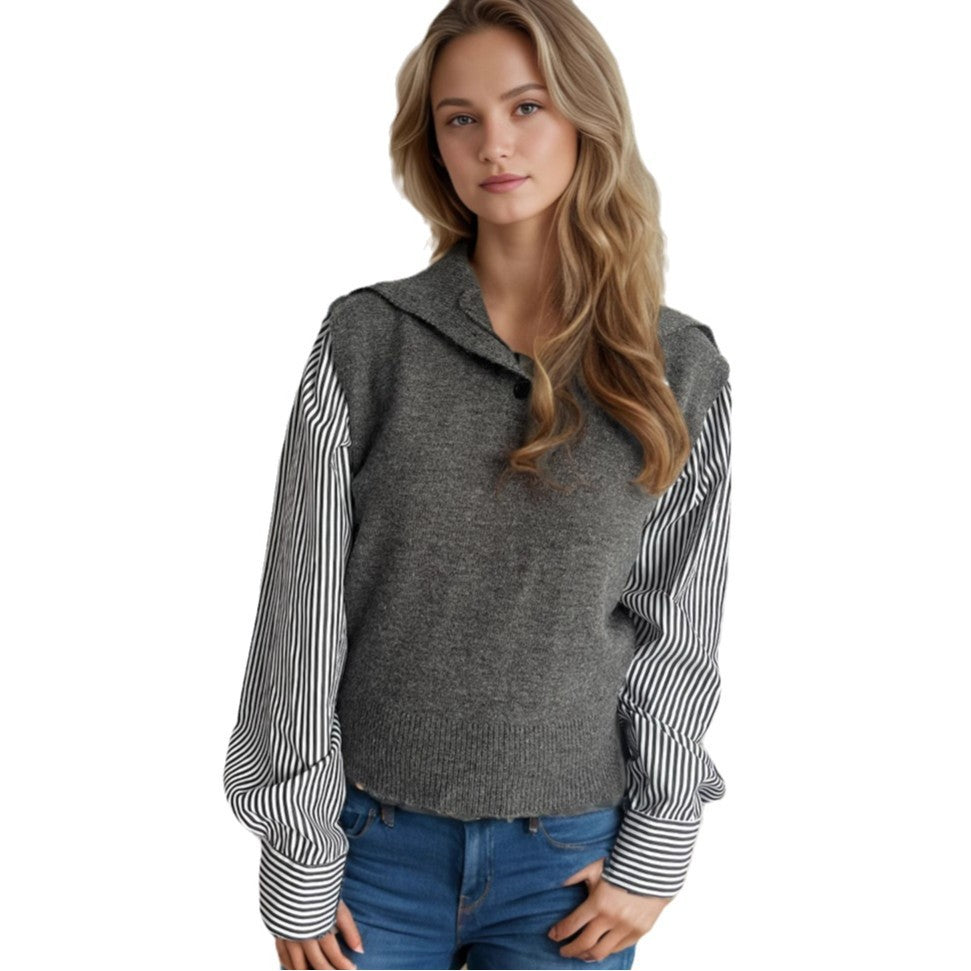 Damen Strickpullover Puffärmel Stehkragen Elegant