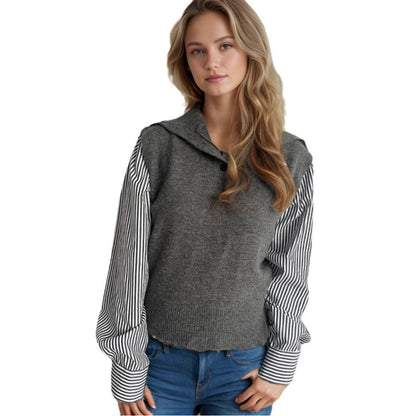 Damen Strickpullover Puffärmel Stehkragen Elegant