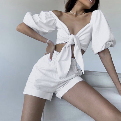 Damen Zweiteiliges Set mit Puffärmeln und Krawatte Eveloria
