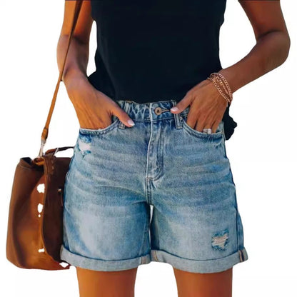 Damen Vintage Denim Shorts Hochgeschnitten Blau