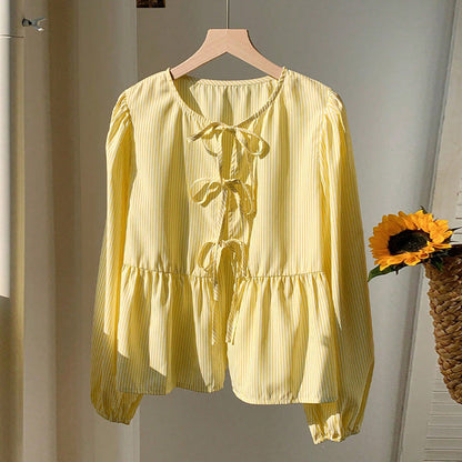 Damen Bluse Rüschensaum Dekorbindefäden Eveloria - Eveloria