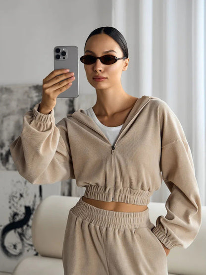 Damen Cropped Kapuzenoberteil Weite Ärmel Elastischer Saum