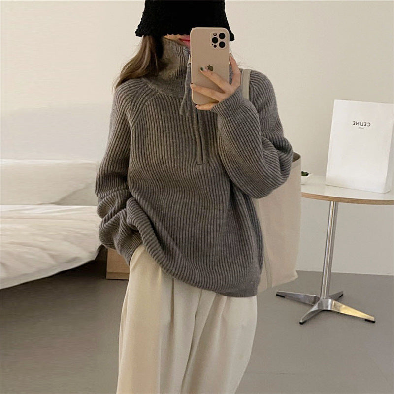 Damen Grobstrickpullover Reißverschluss Hoher Kragen Eveloria
