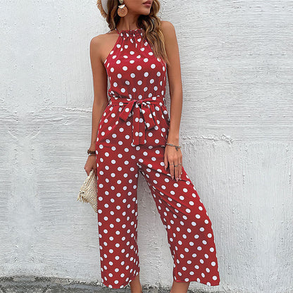 Damen Jumpsuit Moderner Punkte Look Verspielter Gürtel