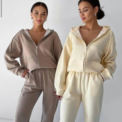 Damen Hoodie Jogginghose Set Baumwolle Bequem Grau