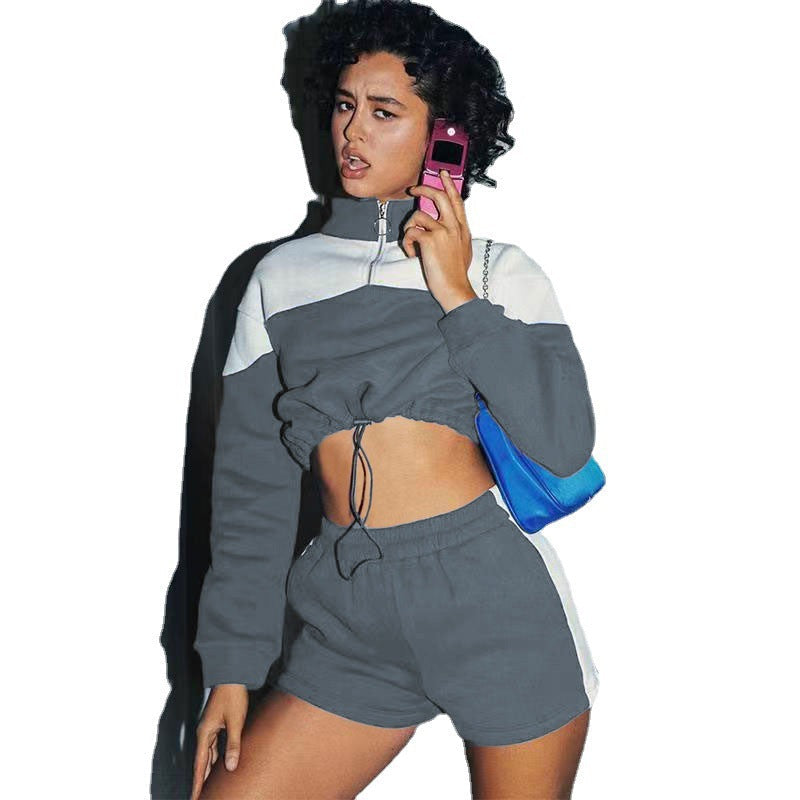 Damen Sportanzug Cropped Hochkragen Kordelzug Eveloria