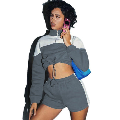 Damen Sportanzug Cropped Hochkragen Kordelzug Eveloria