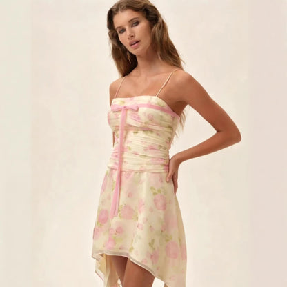 Damen Mini-Kleid Flower-Print Asymmetrisch Elegantes Raffdesign